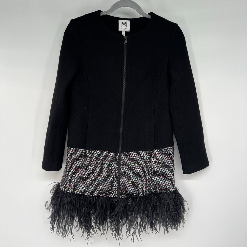 Milly Minis Ostrich Feather Virgin Wool Blend Coat Girls Sz 14 Black Multi Tweed